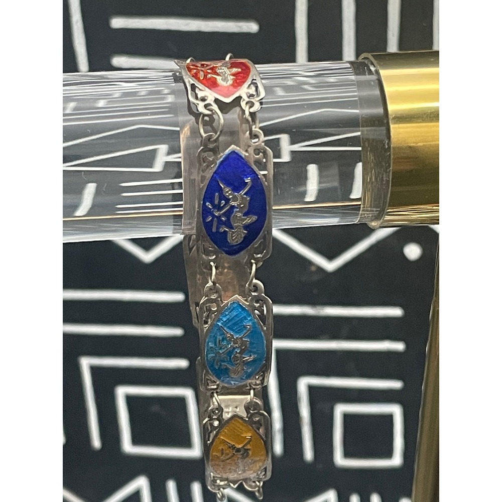 Vintage Siam Sterling Silver Enamel Bracelet Thai Dancer Panel Multicolor Niello